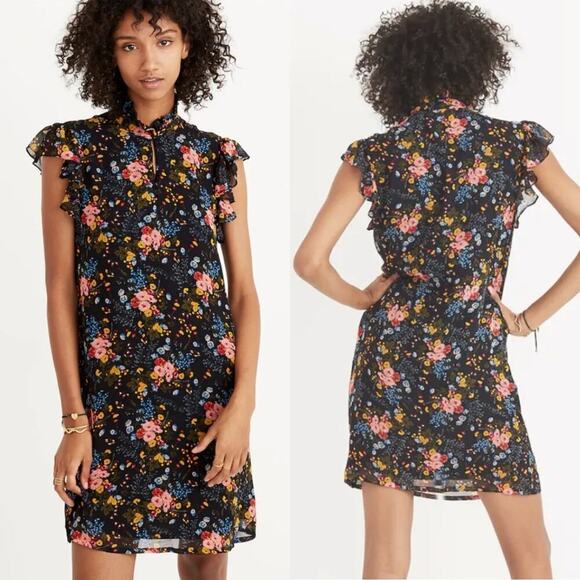 Madewell Dresses & Skirts - Madewell x No. 6 Black Floral Silk Ruffle Mini  Dress Size 4